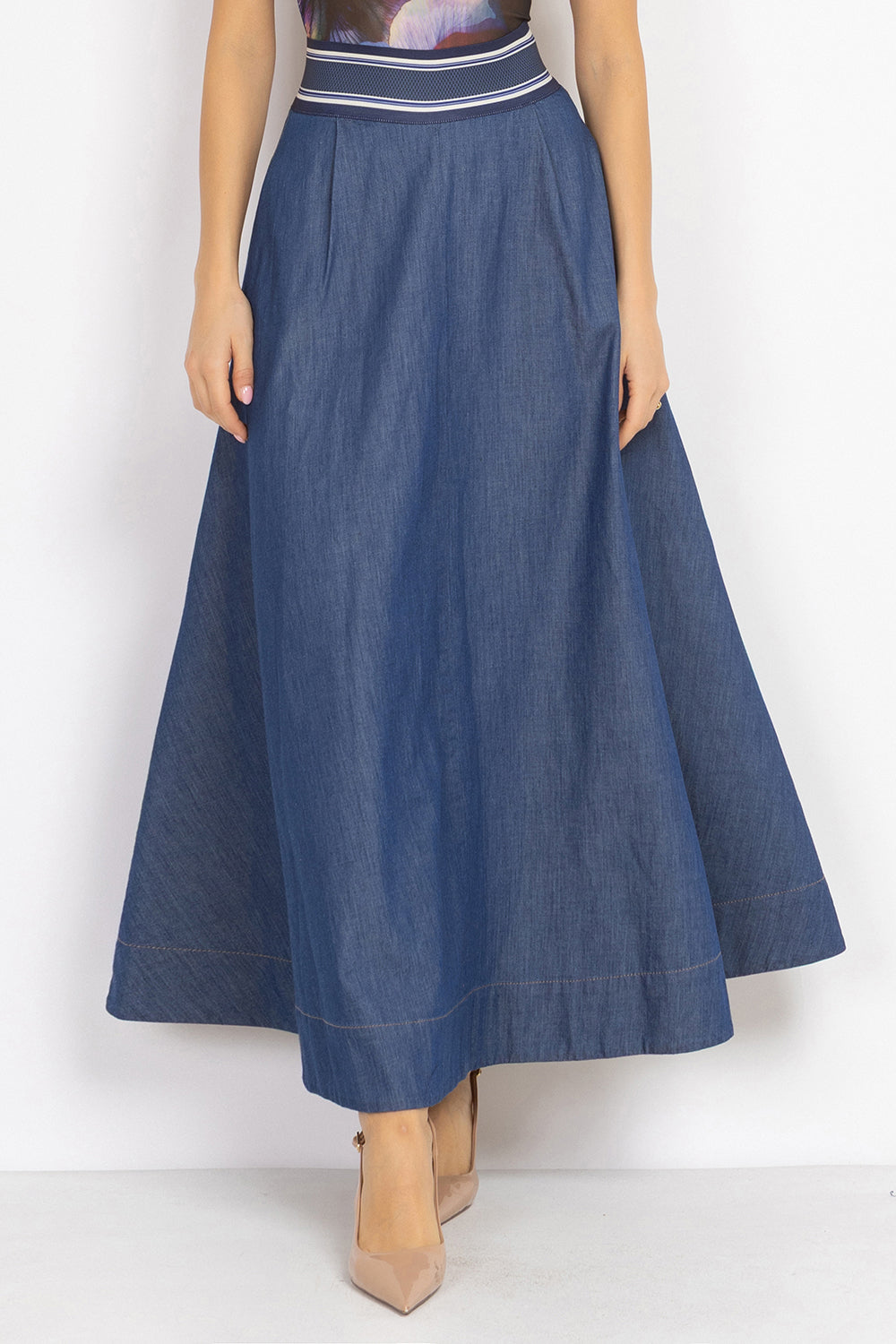 LONG DENIM SKIRT WITH ELASTIC WAIST AND SIDE POCKETS - ESSENTIALS JIORO ДЪЛГА ПОЛА ОТ ДЕНИМ С ЛАСТИК И СТРАНИЧНИ ДЖОБОВЕ - ESSENTIALS JIORO