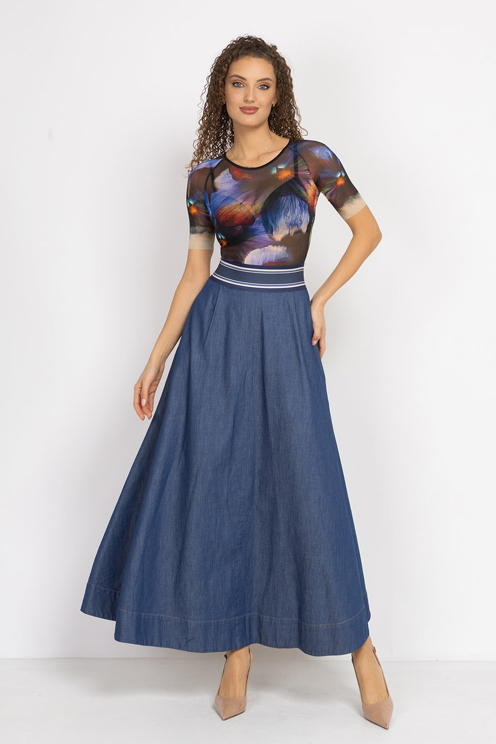 LONG DENIM SKIRT WITH ELASTIC WAIST AND SIDE POCKETS - ESSENTIALS JIORO ДЪЛГА ПОЛА ОТ ДЕНИМ С ЛАСТИК И СТРАНИЧНИ ДЖОБОВЕ - ESSENTIALS JIORO