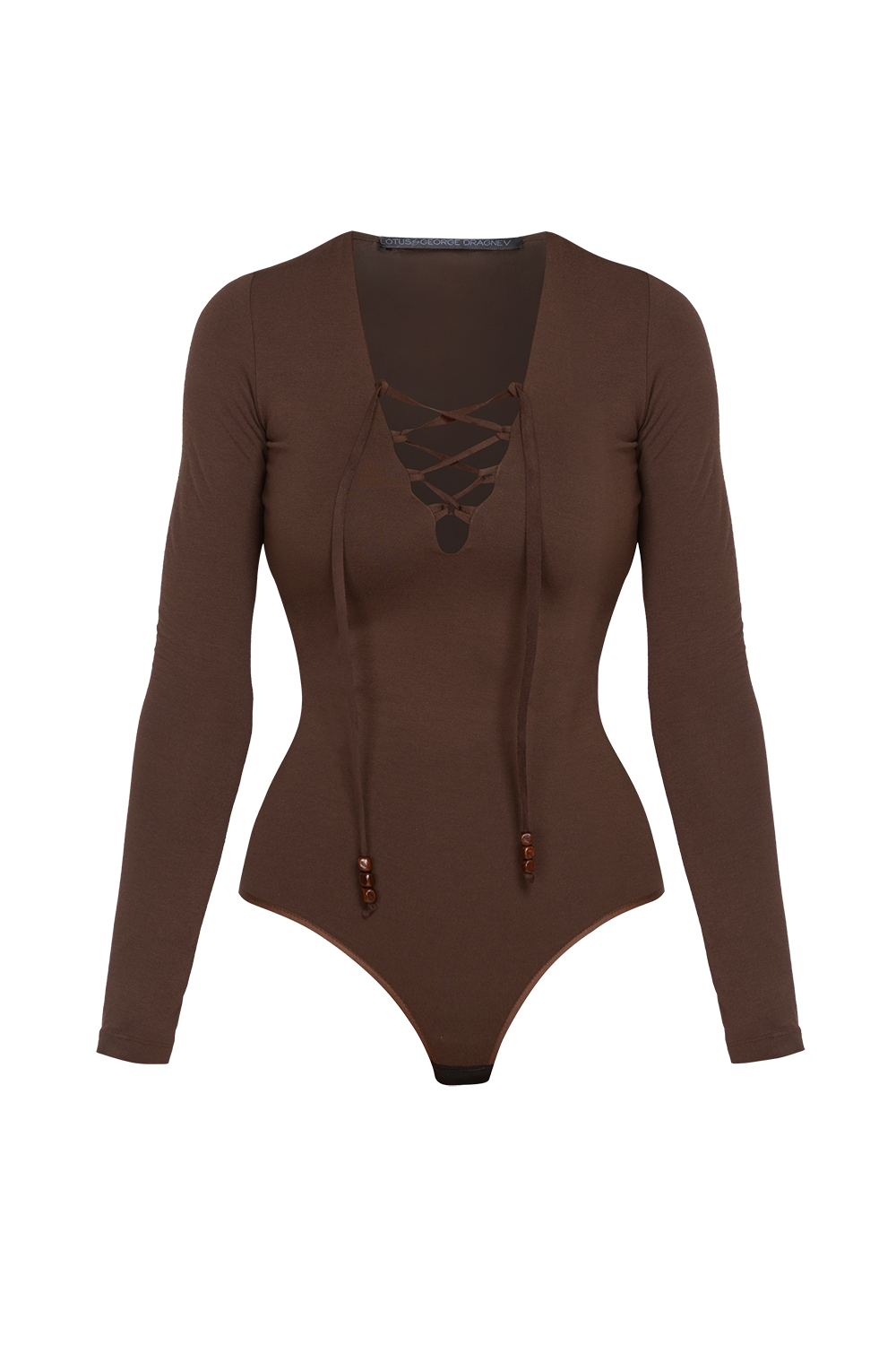 BROWN VISCOSE STRETCH BODYSUIT WITH DEEP V-NECK AND SUEDE TIE DETAIL - ESSENTIALS
