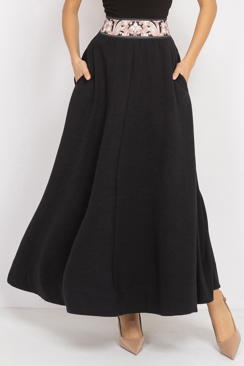LONG BLACK COTTON SKIRT WITH ELASTIC WAIST AND SIDE POCKETS - ESSENTIALS