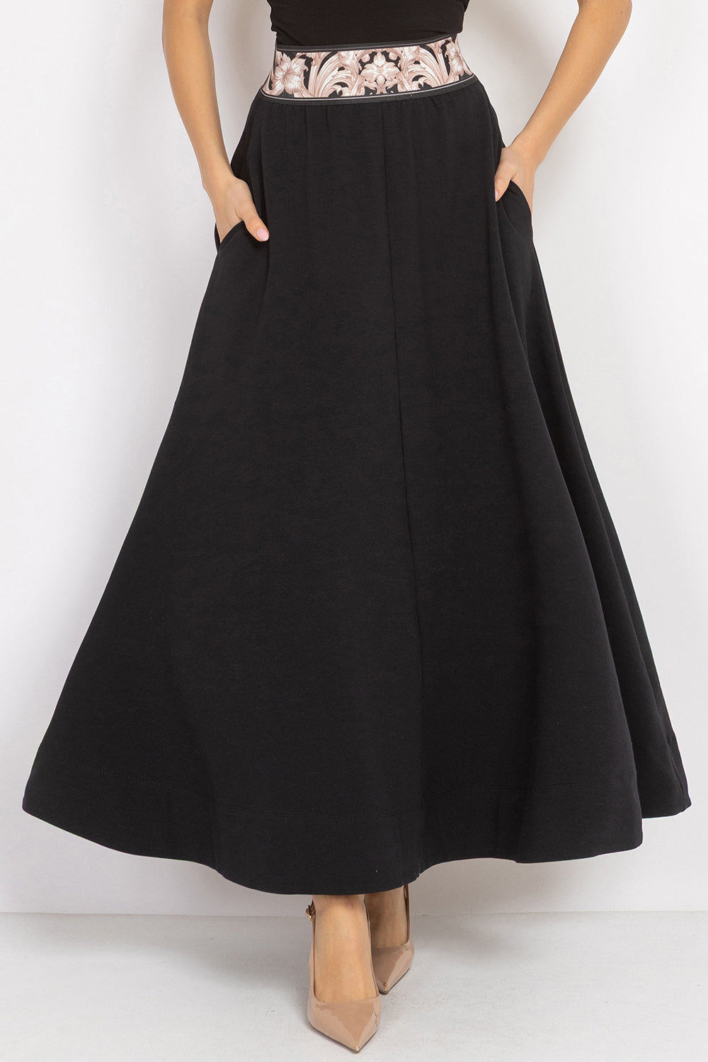 LONG BLACK COTTON SKIRT WITH ELASTIC WAIST AND SIDE POCKETS - ESSENTIALS