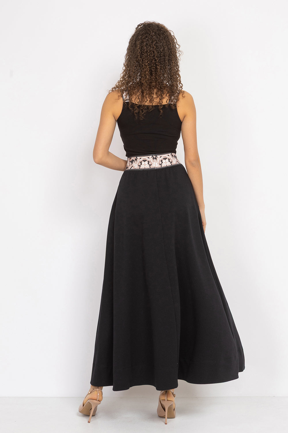 LONG BLACK COTTON SKIRT WITH ELASTIC WAIST AND SIDE POCKETS - ESSENTIALS