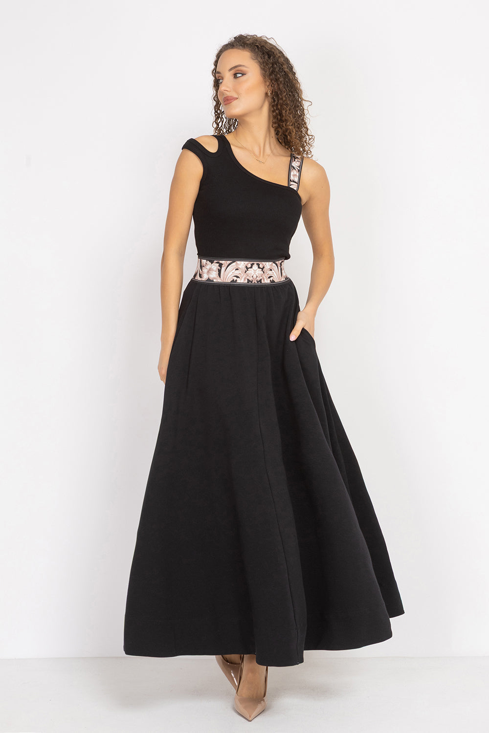 LONG BLACK COTTON SKIRT WITH ELASTIC WAIST AND SIDE POCKETS - ESSENTIALS