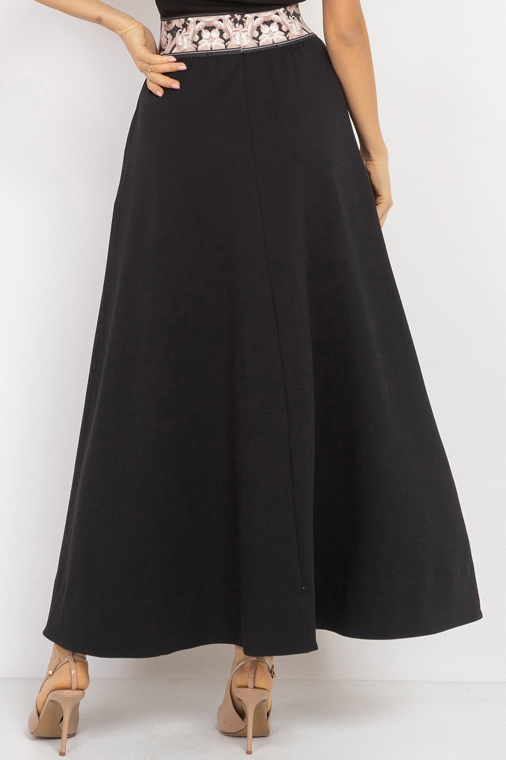 LONG BLACK COTTON SKIRT WITH ELASTIC WAIST AND SIDE POCKETS - ESSENTIALS
