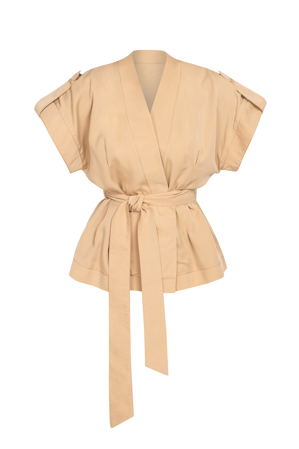 BEIGE SHORT-SLEEVE JACKET WITH BELT AND LINING - ESSENTIALS JIORO САКО ОТ ЛИОСЕЛ ТИП КИМОНО С КЪС РЪКАВ И КОЛАН В БЕЖОВО - ESSENTIALS JIORO