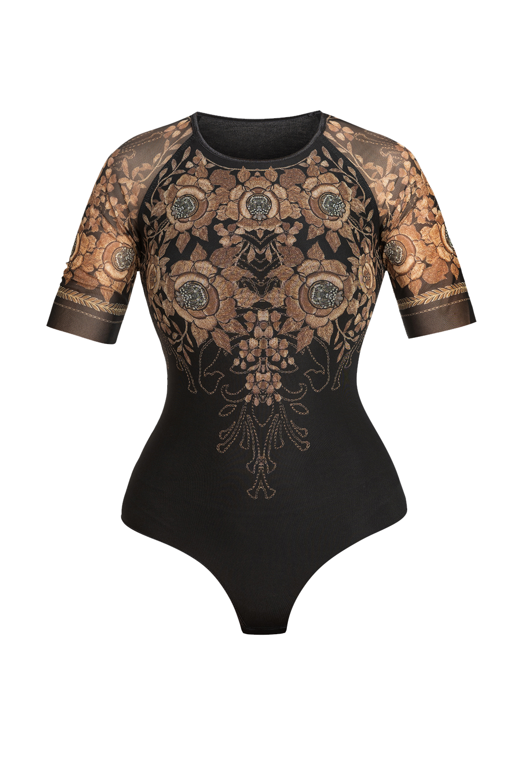 SHORT-SLEEVE MESH BODYSUIT WITH MODAL LINING - GOLDEN ROSES
