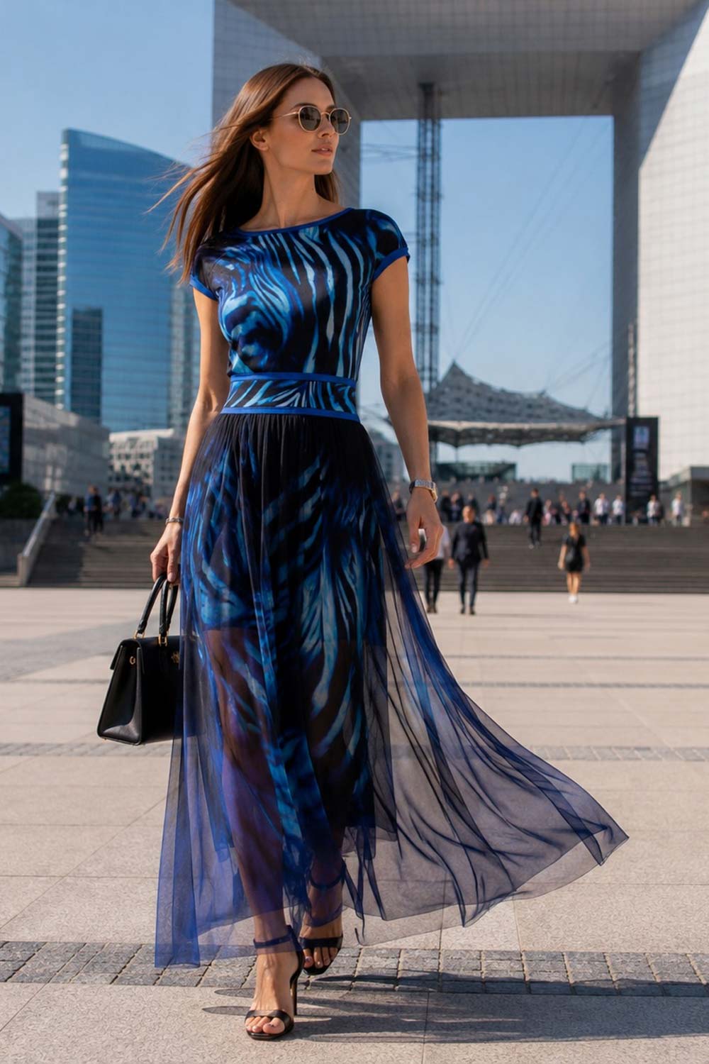FLARED MESH SKIRT WITH MODAL LINING - SHADES OF BLUE