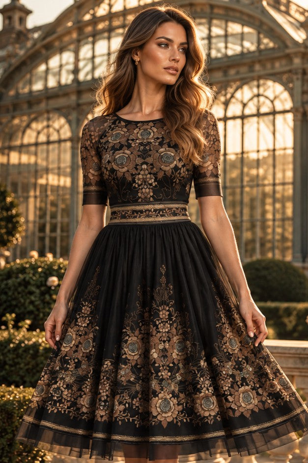 SHORT-SLEEVE MESH BODYSUIT WITH MODAL LINING - GOLDEN ROSES