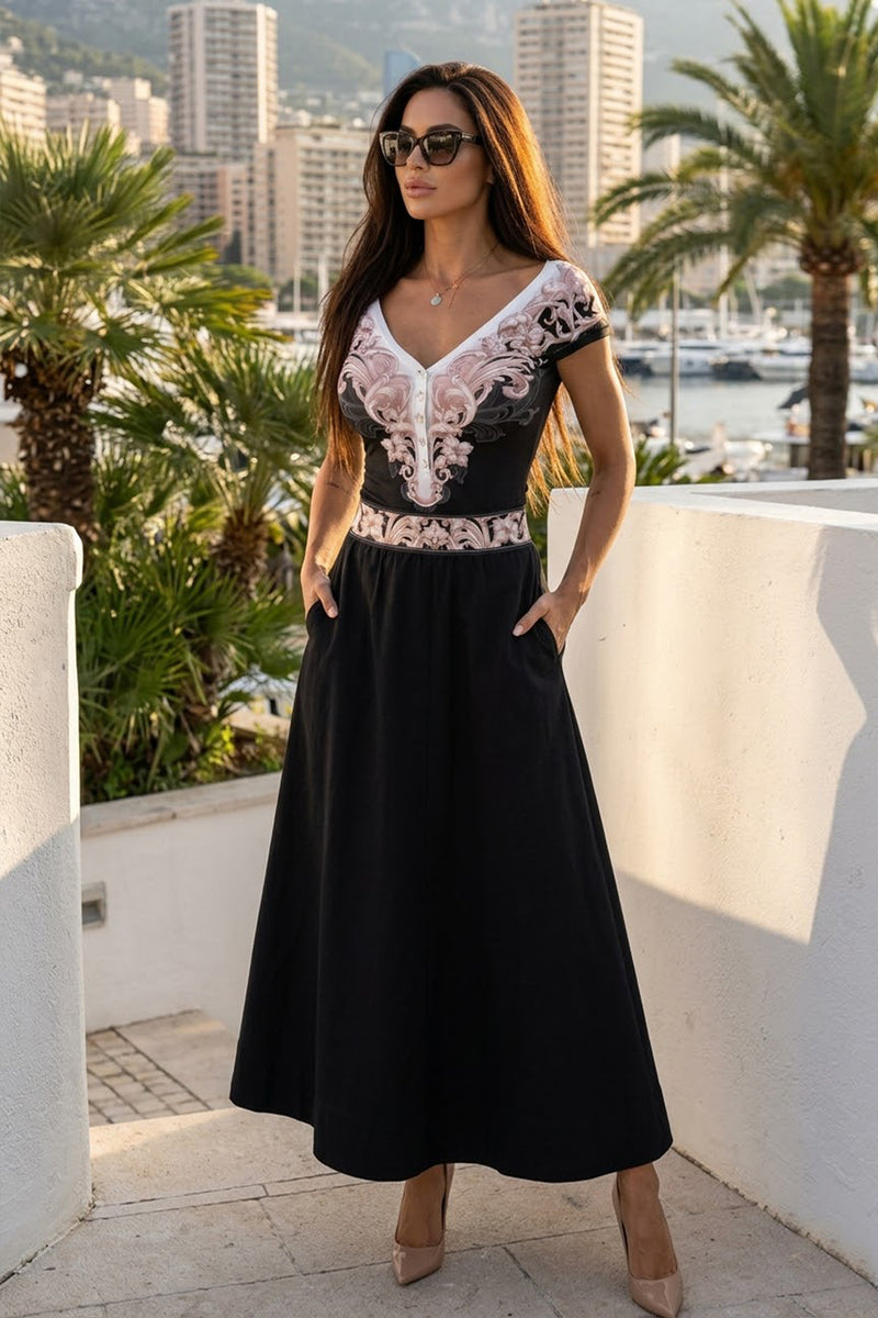 ДЪЛГА ПОЛА ОТ ЧЕРНА ВАТА С ЛАСТИК В ТАЛИЯТА И СТРАНИЧНИ ДЖОБОВЕ - ESSENTIALS