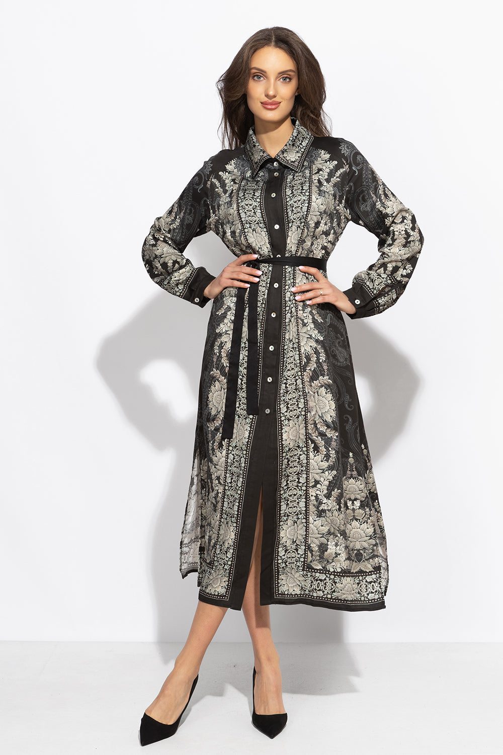 VISCOSE SHIRT DRESS WITH REMOVABLE BELT - FROZEN LOTUS