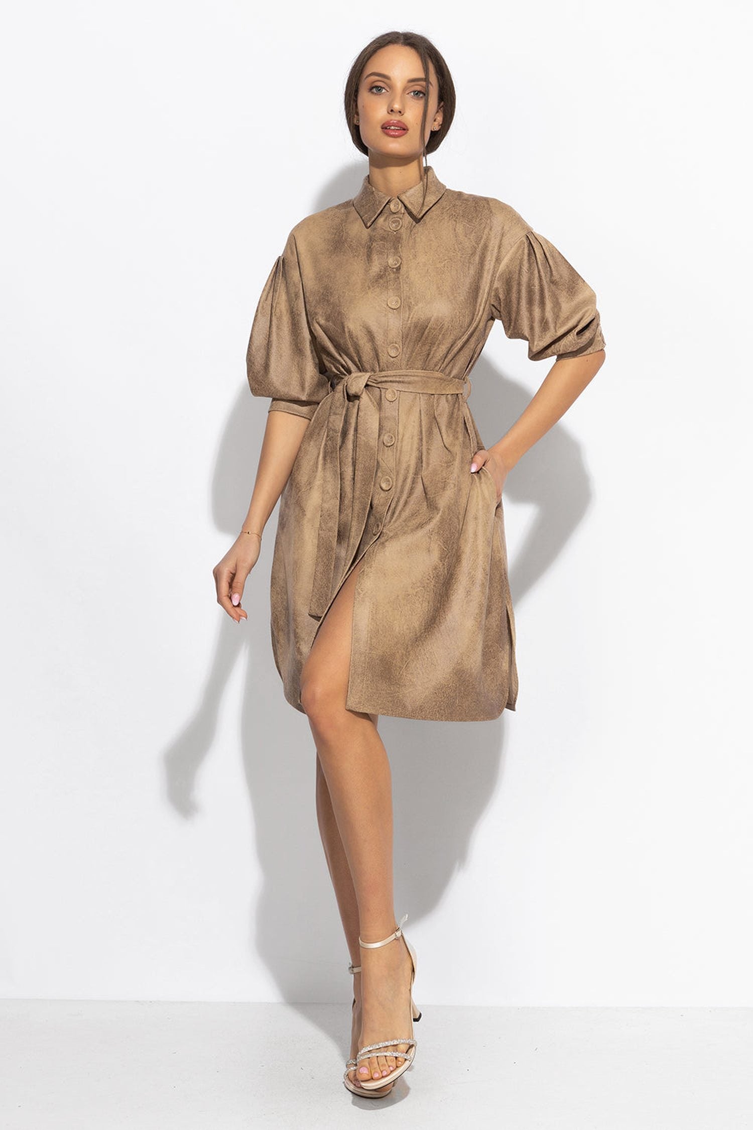 SUEDE-LOOK SHIRT DRESS IN CAPPUCINO - ESSENTIALS