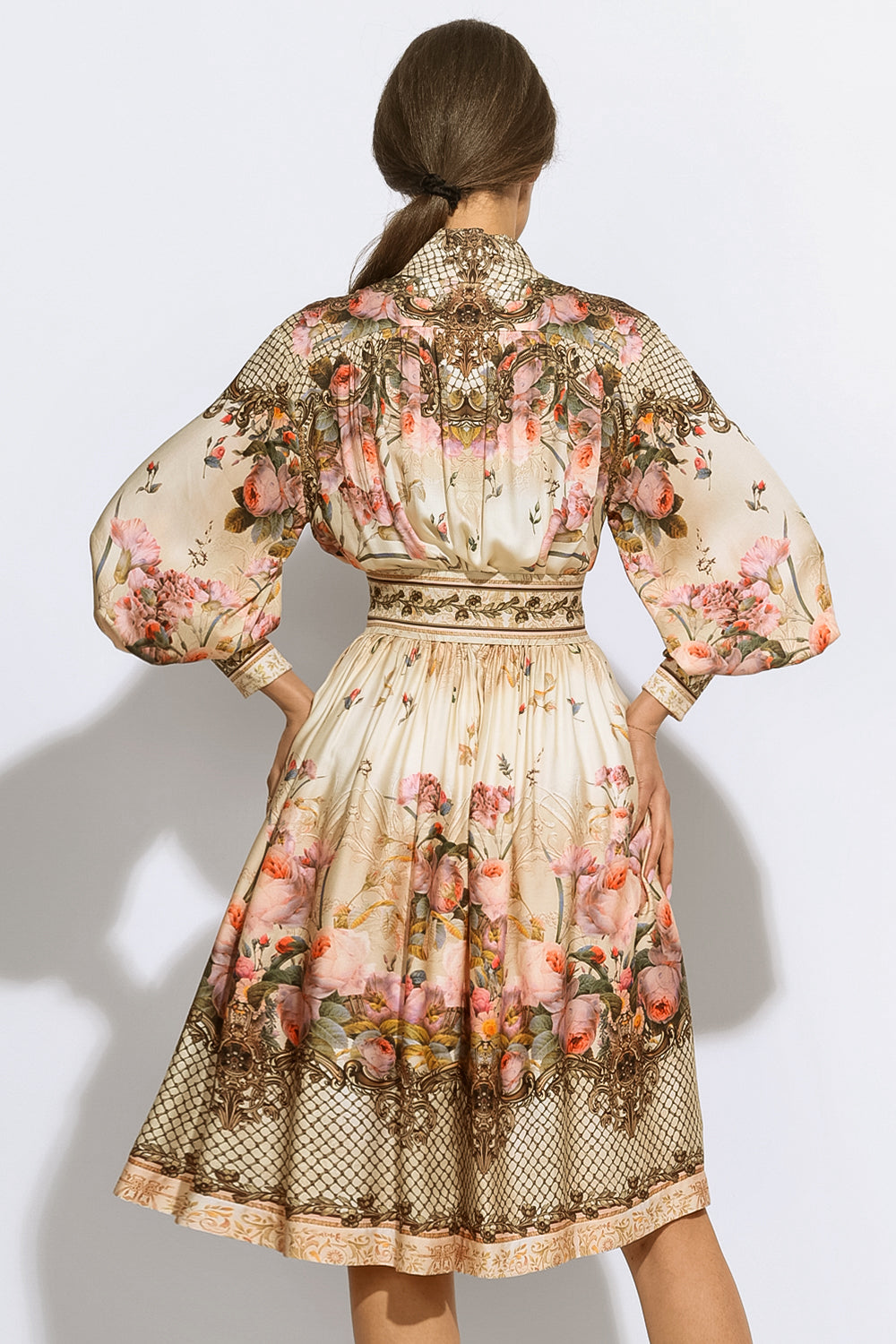 BOHO LONG-SLEEVE VISCOSE DRESS - BAROQUE FLOWERS