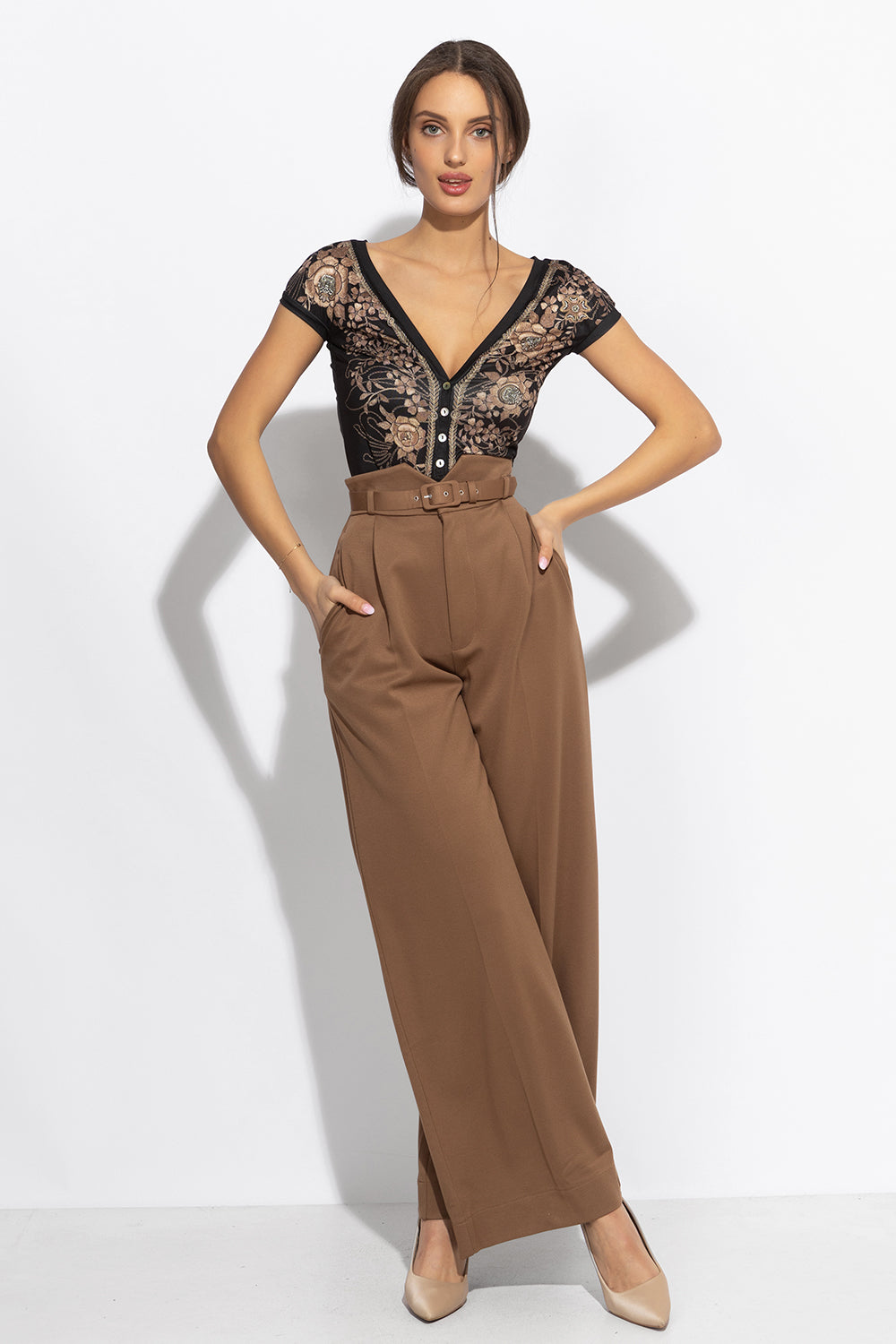 VISCOSE BLEND HIGH-WAISTED BEIGE TROUSERS – ESSENTIALS