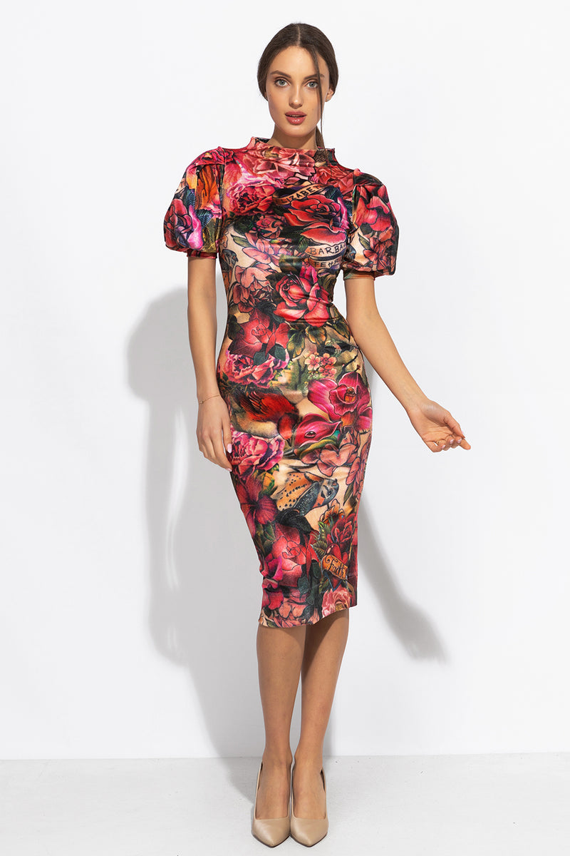 FITTED DRESS MADE OF SMOOTH VELVET - TATTOO STAR JIOROВТАЛЕНА РОКЛЯ ОТ КАДИФЕ С ВИСОКА ЯКА - TATTOO STAR JIORO