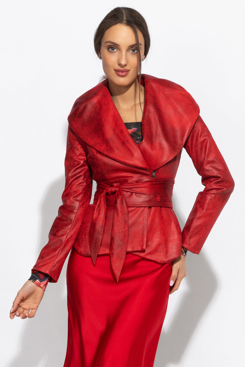 SUEDE-LOOK BLAZER WITH ASYMMETRICAL CLOSURE IN RED - ESSENTIALS JIORO БЛЕЙЗЕР С ШАЛ ЯКА ОТ ВЕЛУР В ЧЕРВЕНО - ESSENTIALS JIORO