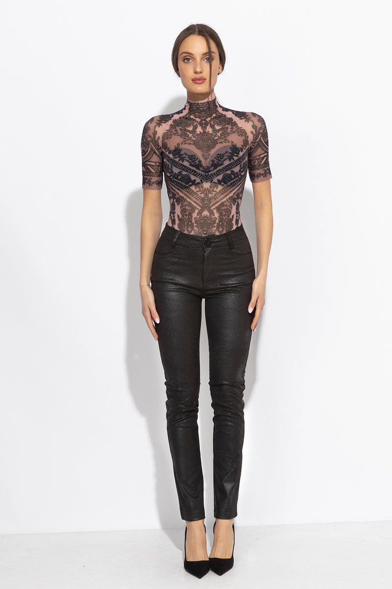 SHORT SLEEVE MESH BODYSUIT - GRAFFITI POWDER JIORO БОДИ С КЪС РЪКАВ ОТ МРЕЖА - GRAFFITI POWDER JIORO