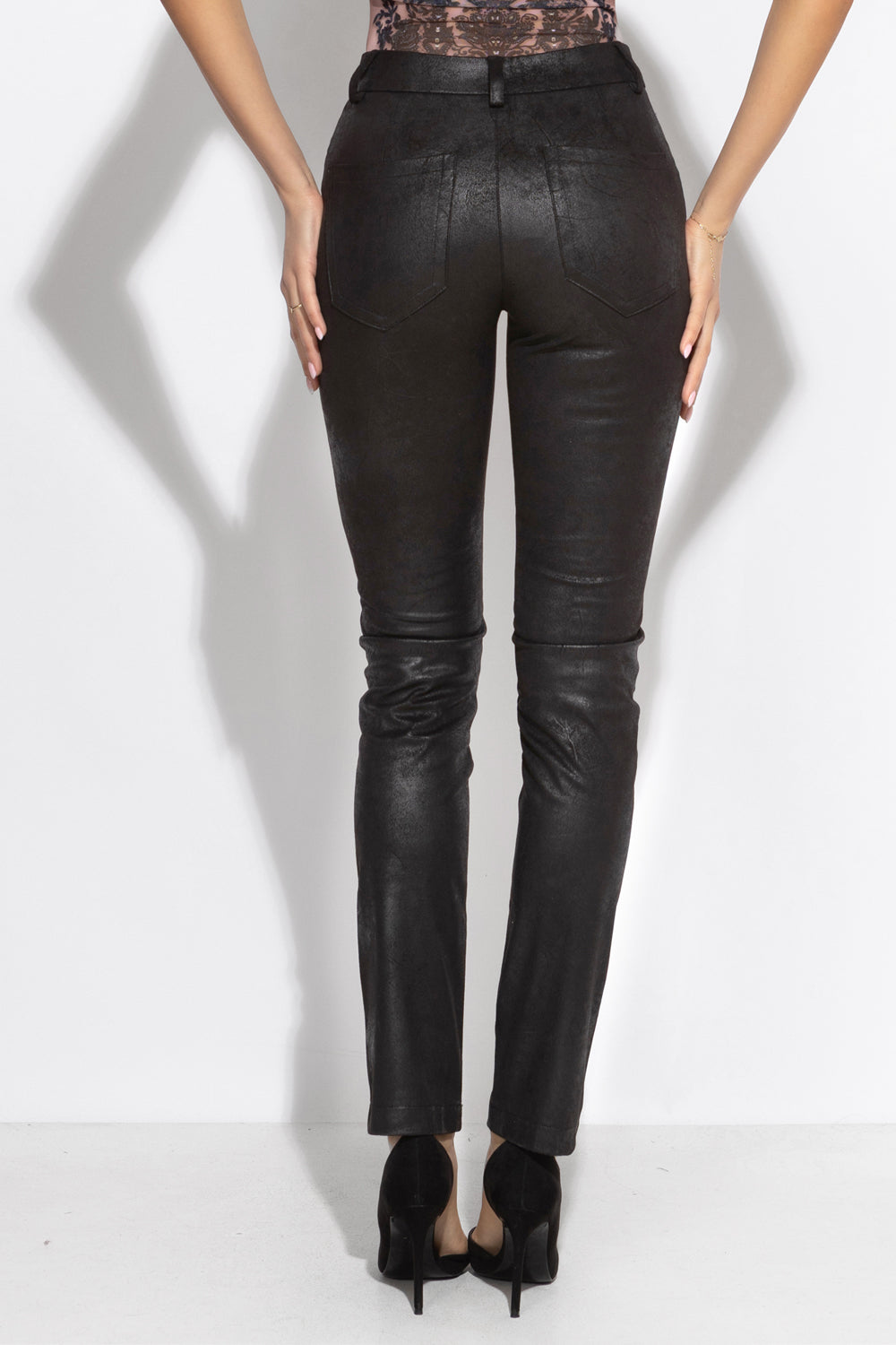 HIGH WAIST SLIM TROUSERS IN BLACK SUEDE - ESSENTIALS