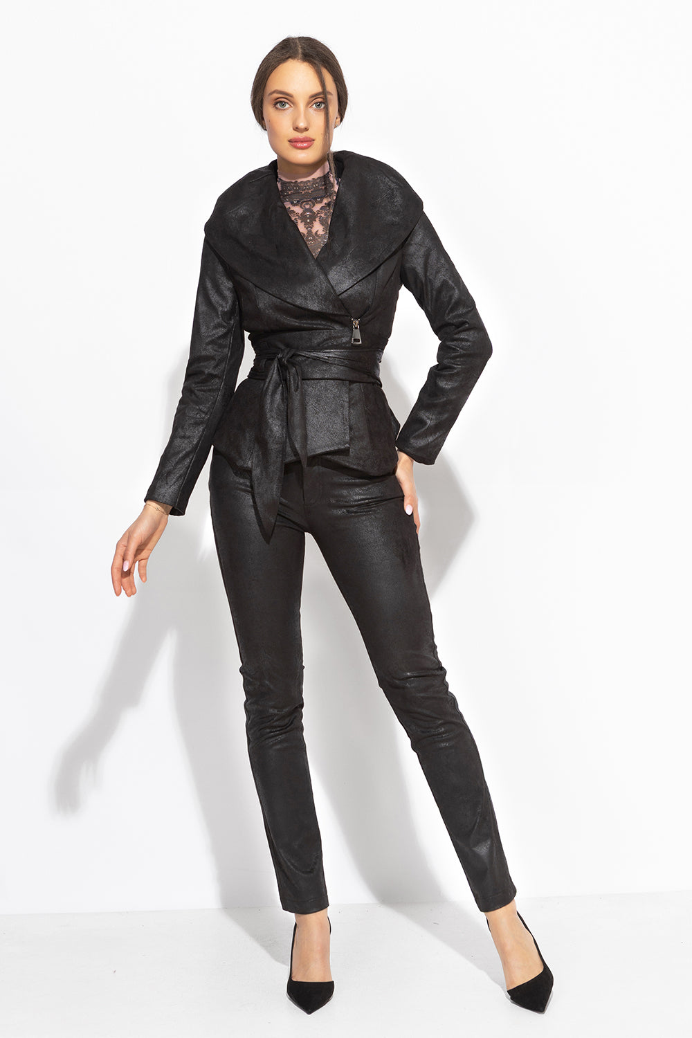 HIGH WAIST SLIM TROUSERS IN BLACK SUEDE - ESSENTIALS