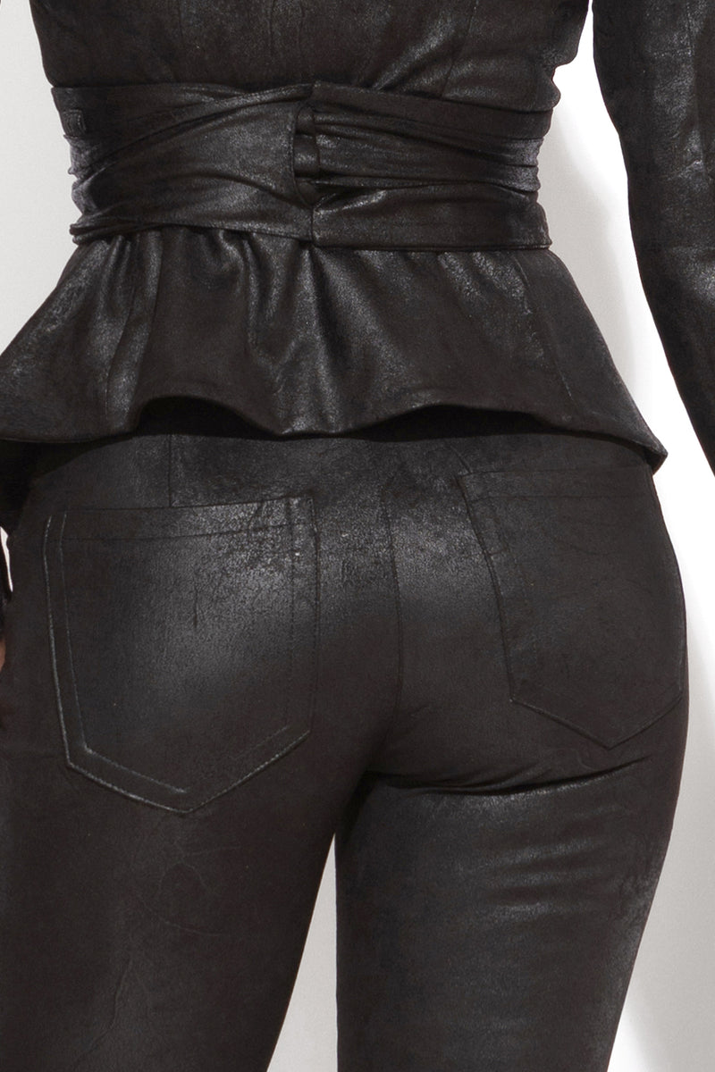 HIGH WAIST SLIM TROUSERS IN BLACK SUEDE - ESSENTIALS