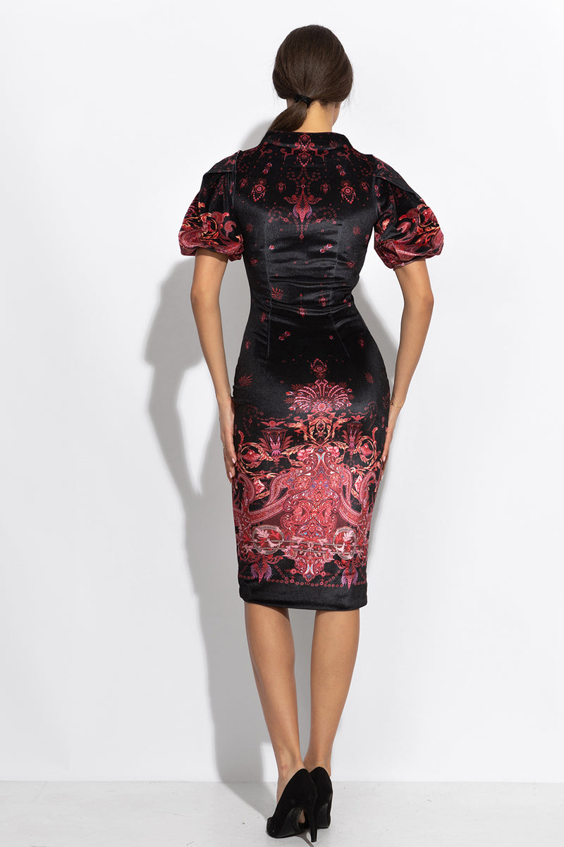 FITTED VELVET DRESS WITH HIGH NECK - PAISLEY DARK JIORO ВТАЛЕНА РОКЛЯ ОТ КАДИФЕ С ВИСОКА ЯКА - PAISLEY DARK JIORO
