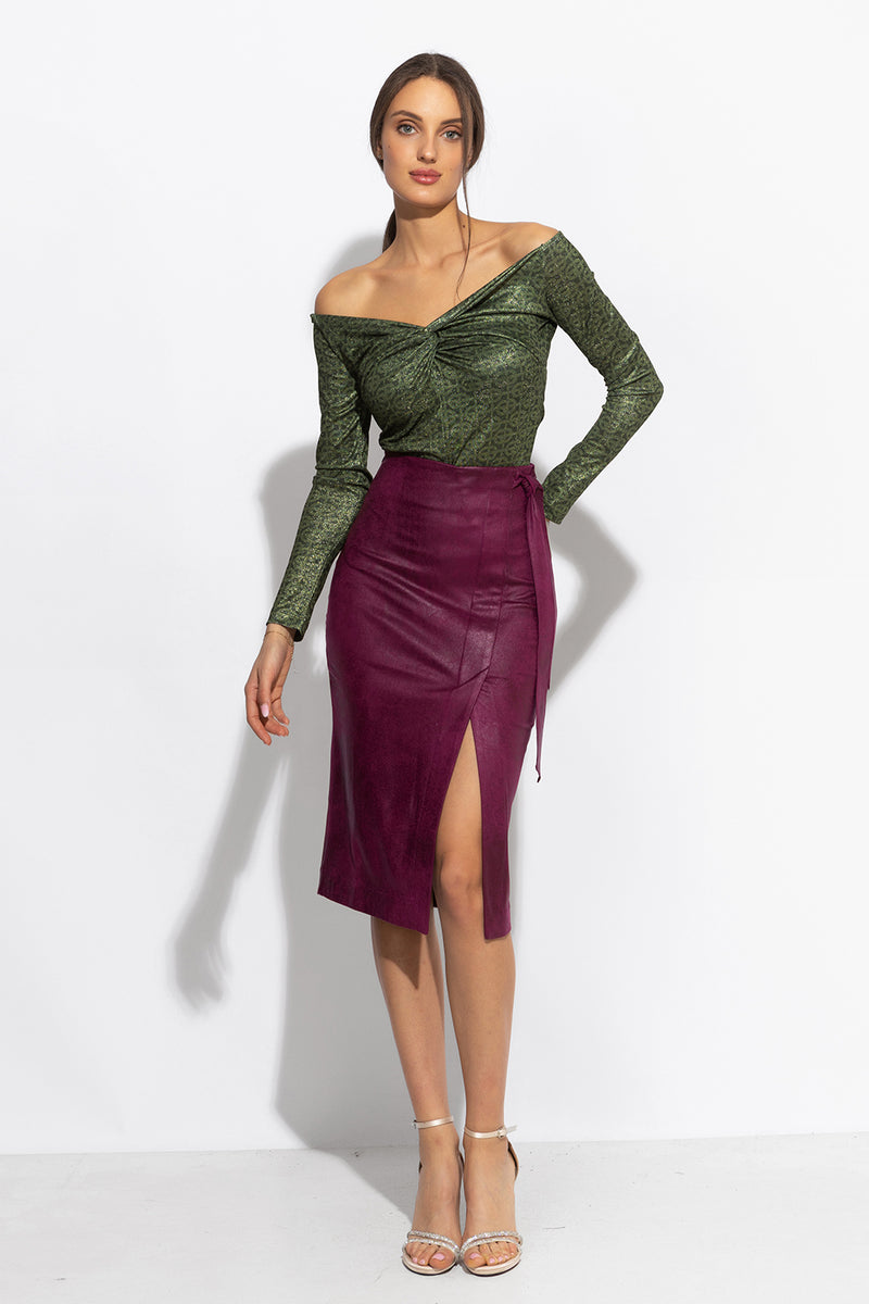 SUEDE-EFFECT BURGUNDY WRAP SKIRT - ESSENTIALS JIORO ПОЛА ОТ ВЕЛУР В ЦВЯТ БОРДО - ESSENTIALS JIORO