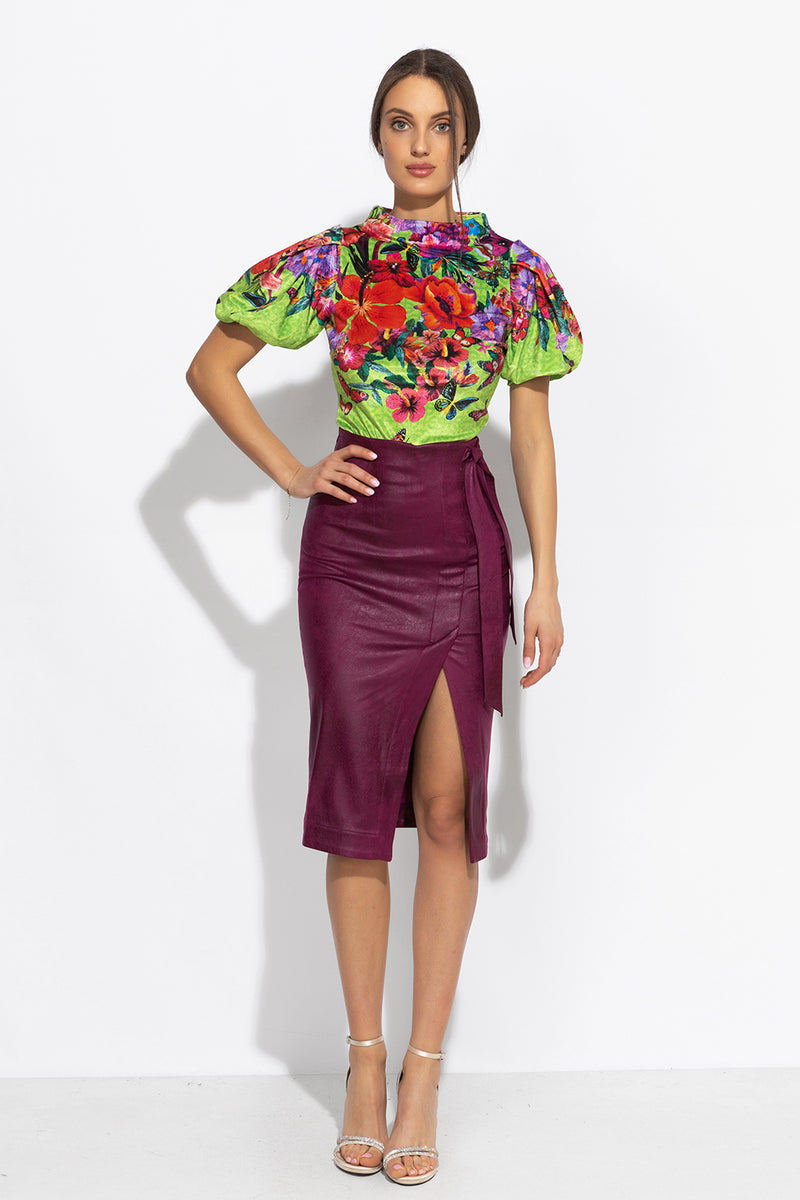 VELVET BLOUSE WITH HIGH NECK AND PUFF SLEEVES - ACID GREEN LOGO JIORO БЛУЗА ОТ ПЛЮШ С ВИСОКА ЯКА И БУФАН РЪКАВИ - ACID GREEN LOGO JIORO