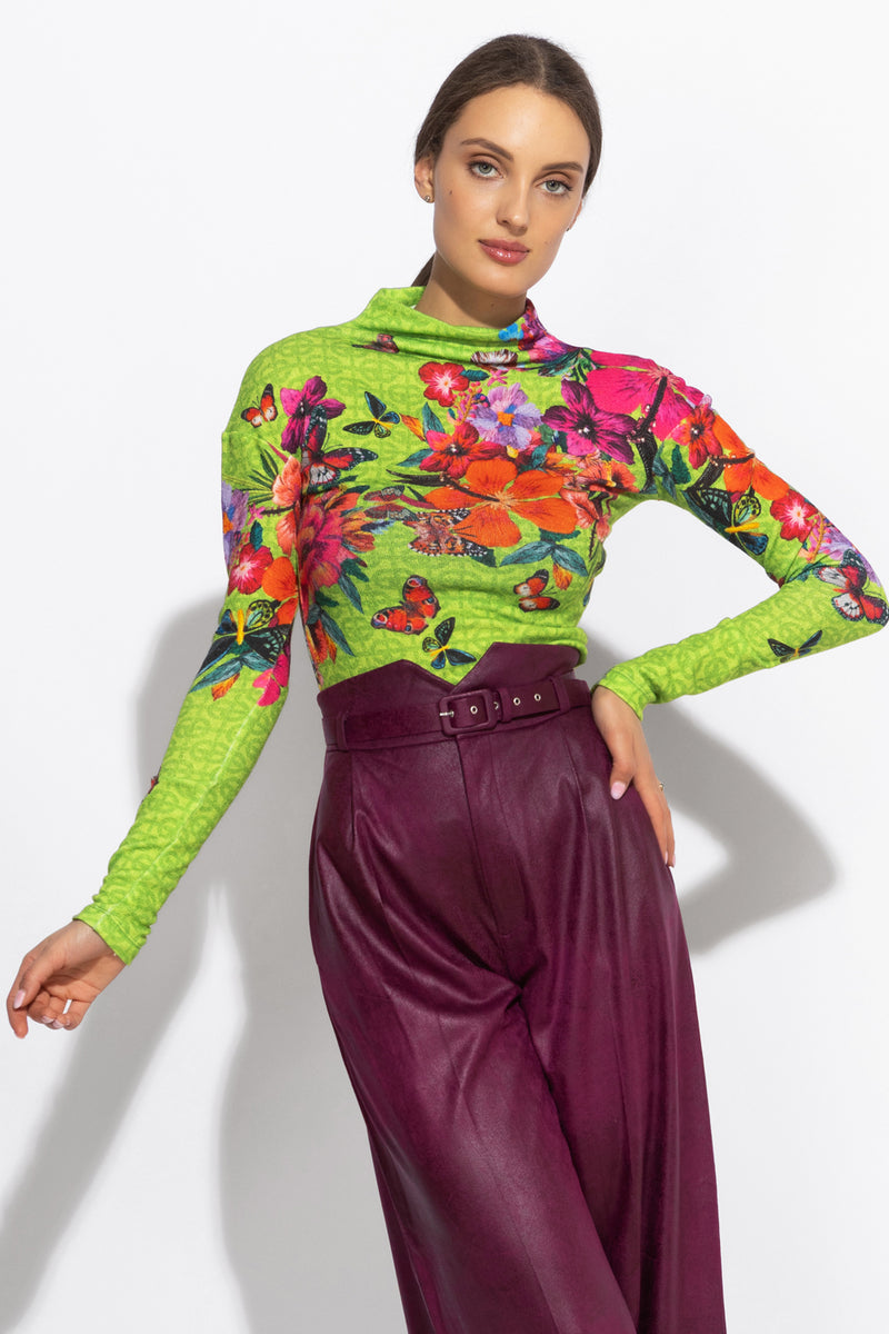 KNITTED TURTLENECK BLOUSE WITH HIGH NECK - ACID GREEN LOGO JIORO  ПОЛО БЛУЗА ОТ ПЛЕТИВО С ВИСОКА ЯКА – ACID GREEN LOGO JIORO