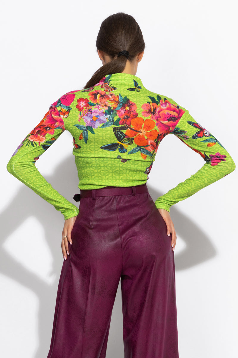 KNITTED TURTLENECK BLOUSE WITH HIGH NECK - ACID GREEN LOGO JIORO  ПОЛО БЛУЗА ОТ ПЛЕТИВО С ВИСОКА ЯКА – ACID GREEN LOGO JIORO