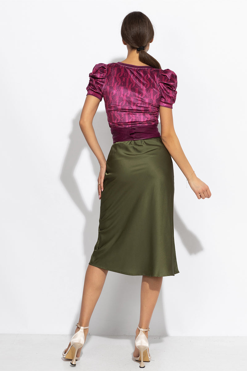 BLOUSE WITH PUFF SLEEVES AND V-NECKLINE - BURGUNDY LOGO