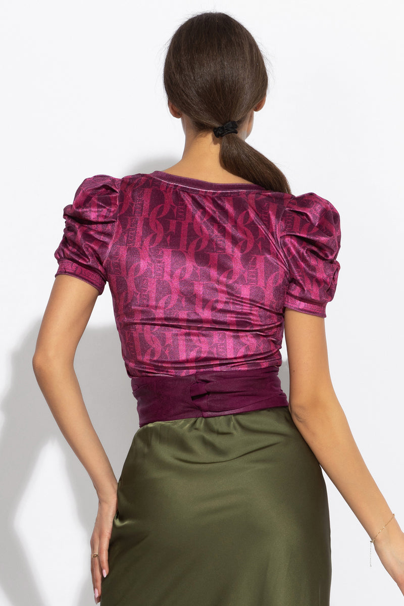 BLOUSE WITH PUFF SLEEVES AND V-NECKLINE - BURGUNDY LOGO