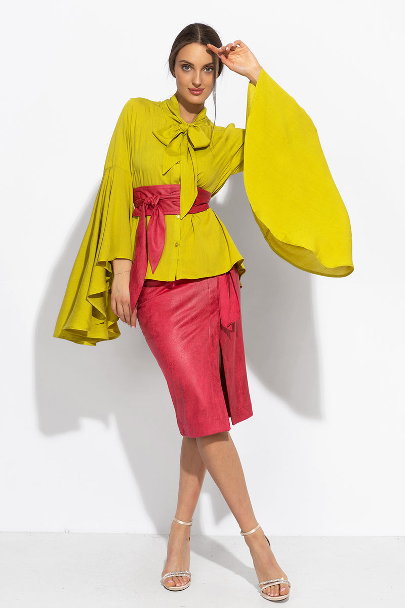 SUEDE-EFFECT CYCLAMEN WRAP SKIRT - ESSENTIALS JIORO АСИМЕТРИЧНА ПОЛА ОТ МАТЕРИЯ С ВЕЛУРЕН ЕФЕКТ В ЦВЯТ ЦИКЛАМА – ESSENTIALS JIORO