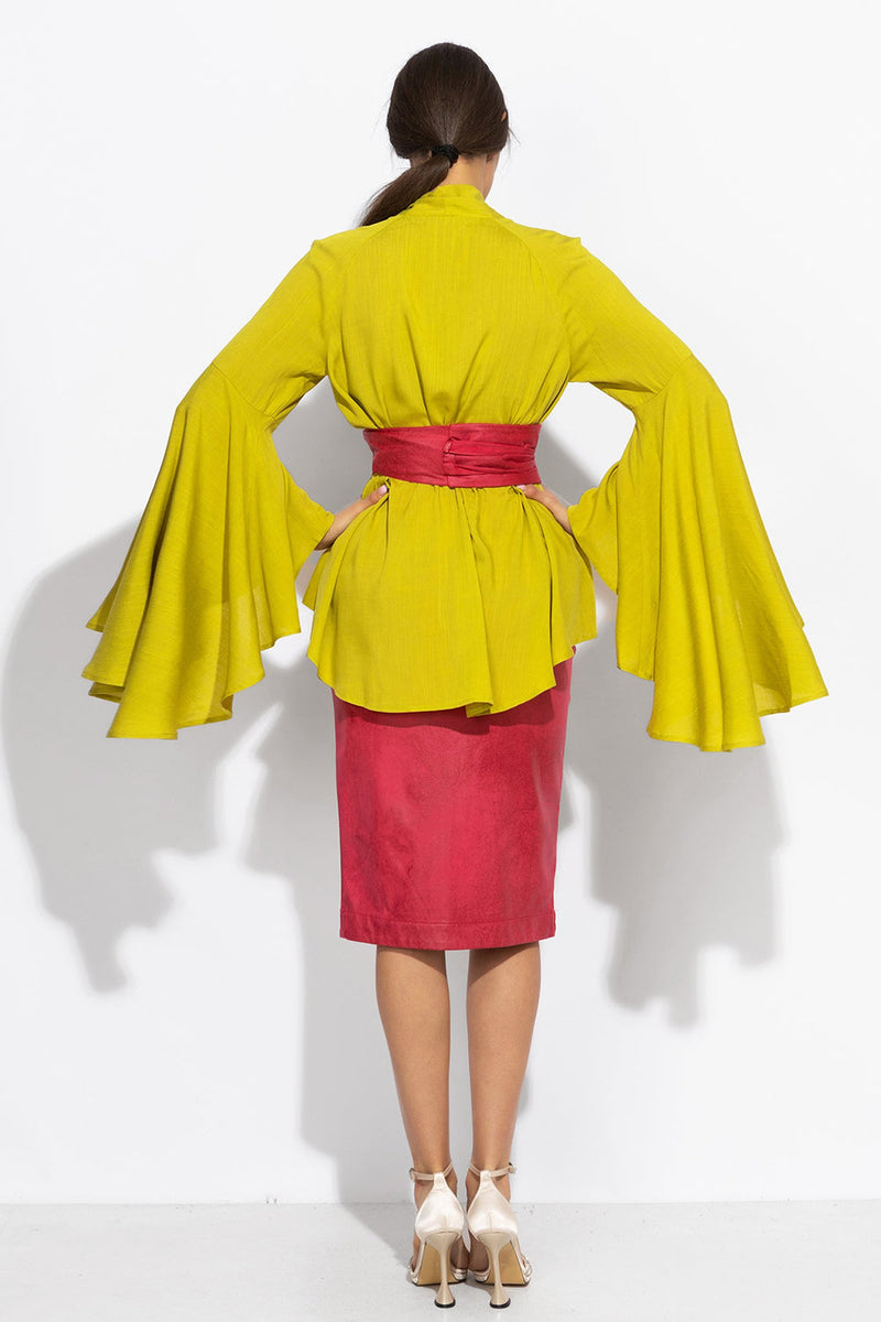 YELLOW ORCHE VISCOSE BLOUSE WITH FLARED SLEEVES - ESSENTIALS JIORO РИЗА ОТ ЗЕЛЕНА ВИСКОЗА С КЛОШ РЪКАВИ - ESSENTIALS JIORO