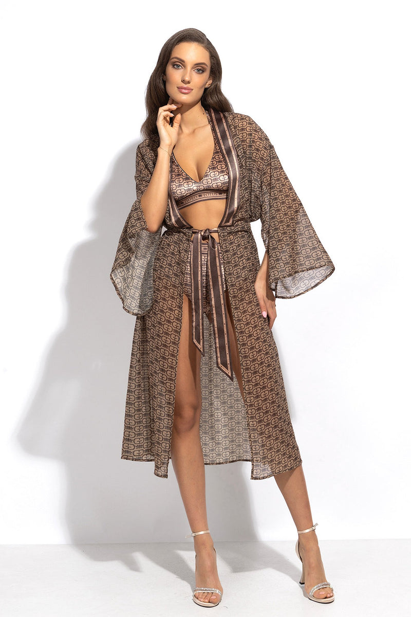 KIMONO WITH PLASTRON AND INTEGRATED BELT IN FRENCH CHIFFON - MOCHA MOUSSE LOGO