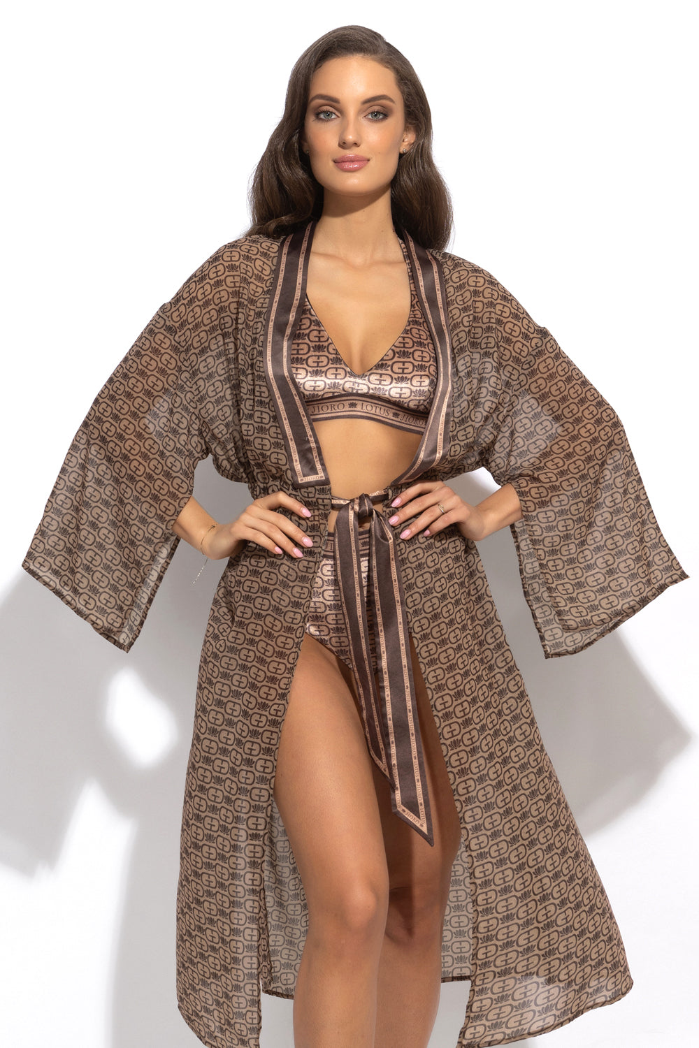 KIMONO WITH PLASTRON AND INTEGRATED BELT IN FRENCH CHIFFON - MOCHA MOUSSE LOGO