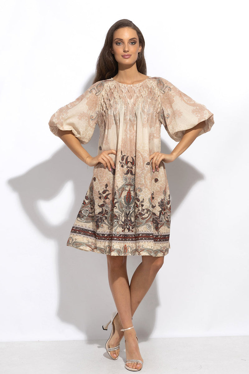 LINEN-LIKE BOHO DRESS – PAISLEY BEIGE
