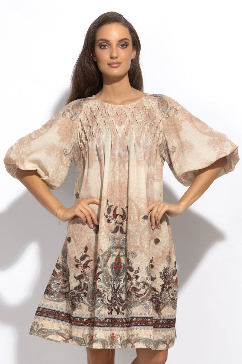 LINEN-LIKE BOHO DRESS – PAISLEY BEIGE