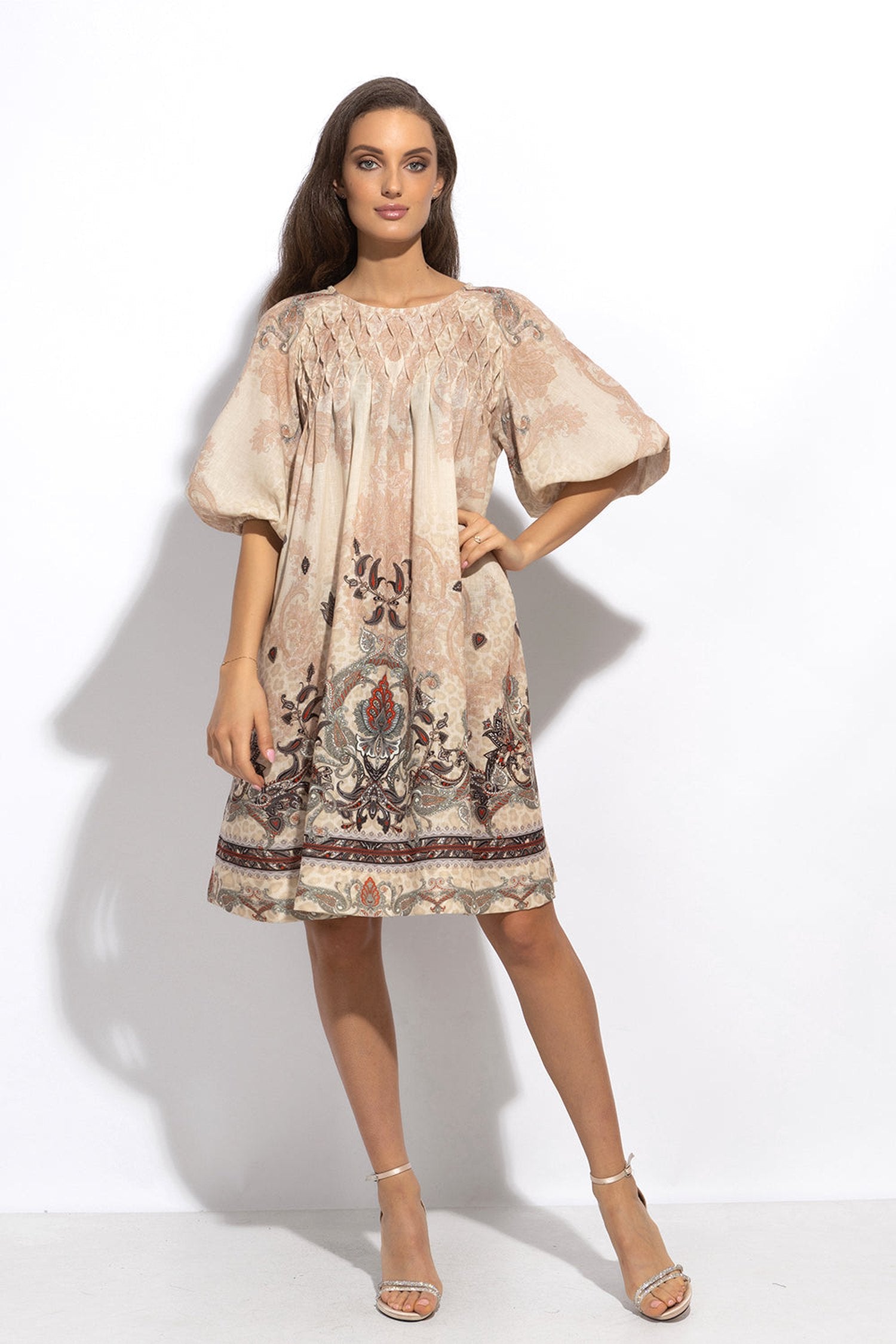 РОКЛЯ С РОЗЕТКА ОТ ЛЕН ВИСКОЗА - PAISLEY BEIGE