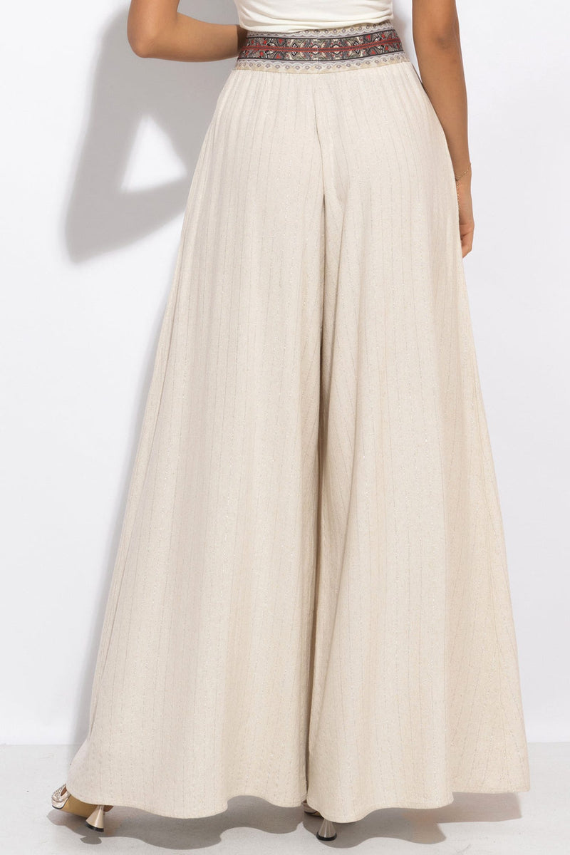 HIGH-WAISTED VISCOSE-LINEN PANTS WITH SLITS IN ECRU STRIPED - ESSENTIALS