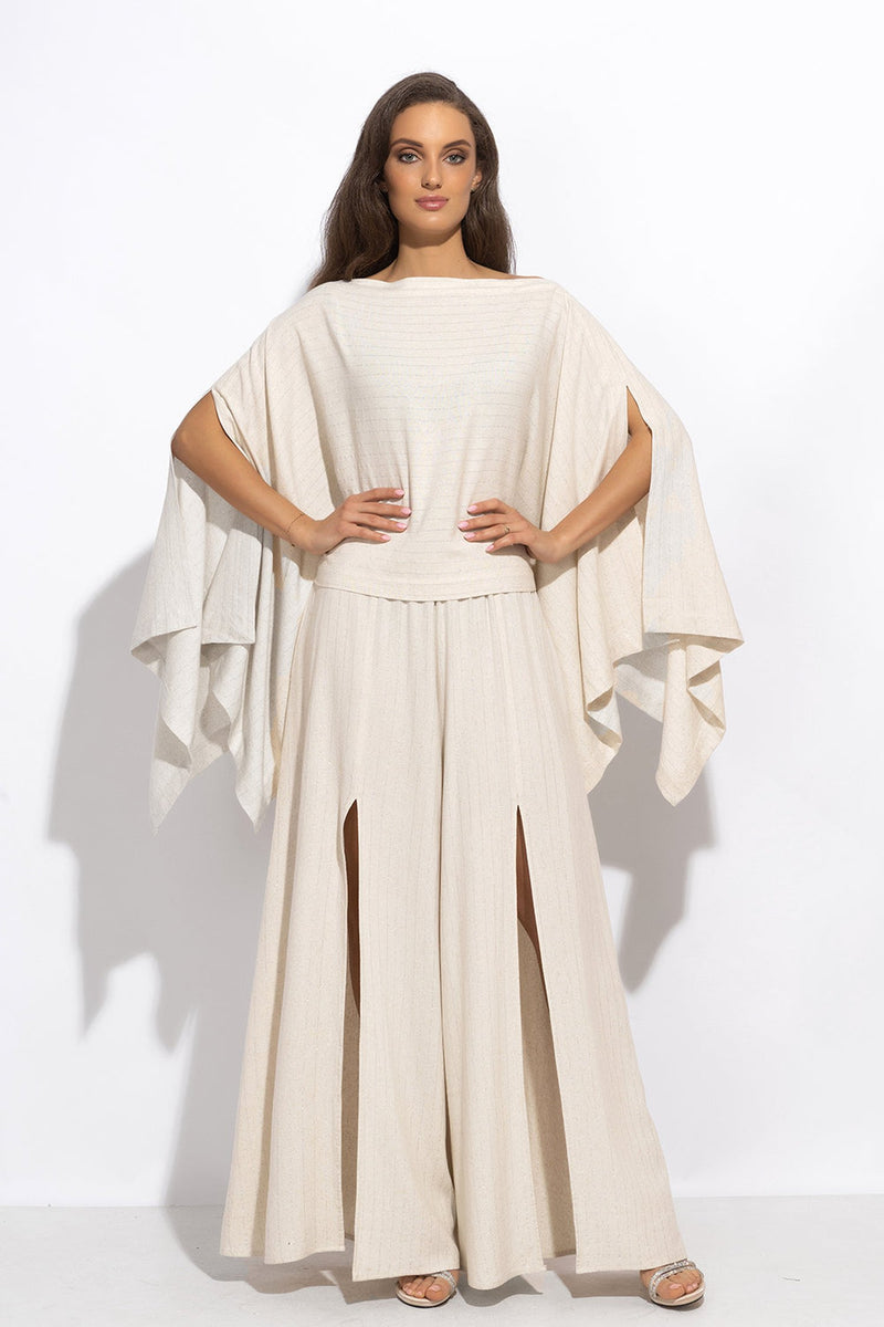 HIGH-WAISTED VISCOSE-LINEN PANTS WITH SLITS IN ECRU STRIPED - ESSENTIALS