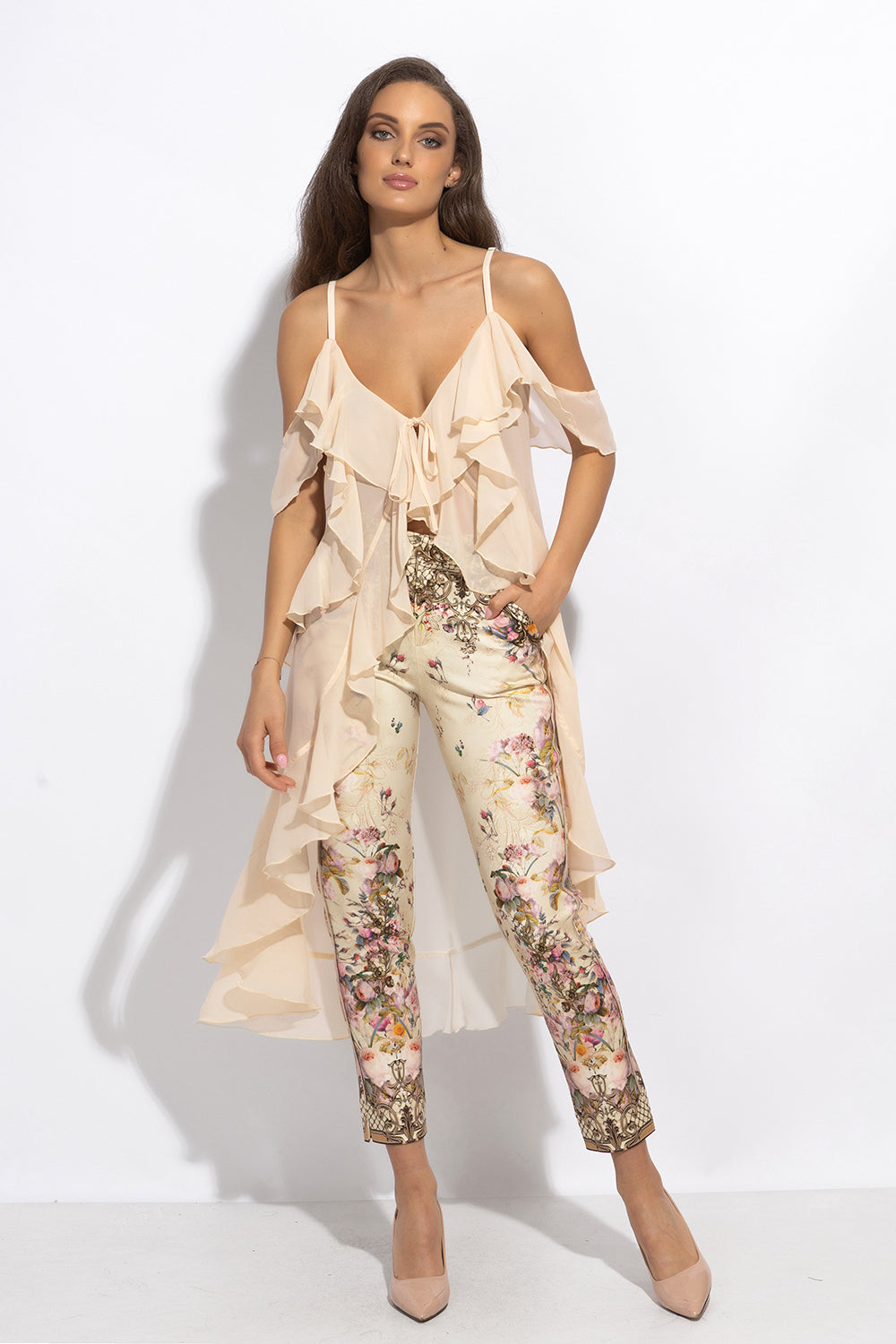 LONG RUFFLED CHIFFON TUNIC IN BEIGE - ESSENTIALS