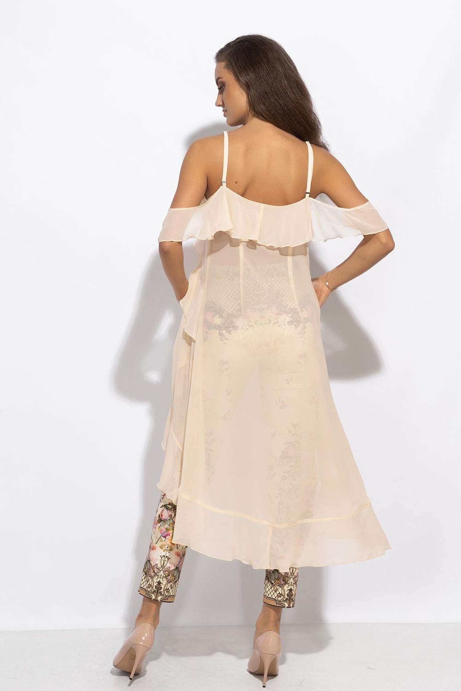 LONG RUFFLED CHIFFON TUNIC IN BEIGE - ESSENTIALS