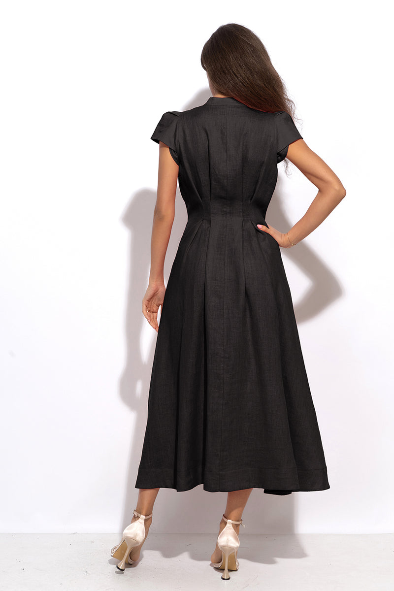 LONG FLARED LINEN DRESS IN BLACK - ESSENTIALS