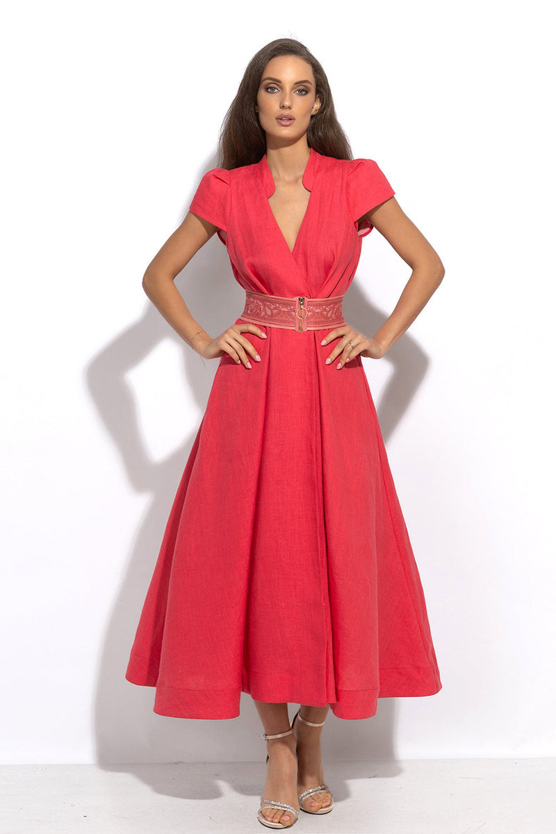 LONG FLARED LINEN DRESS IN FUCHSIA - ESSENTIALS JIORO ДЪЛГА РАЗКРОЕНА РОКЛЯ ОТ ЛЕН В ЦВЯТ ФУКСИЯ – ESSENTIALS JIORO