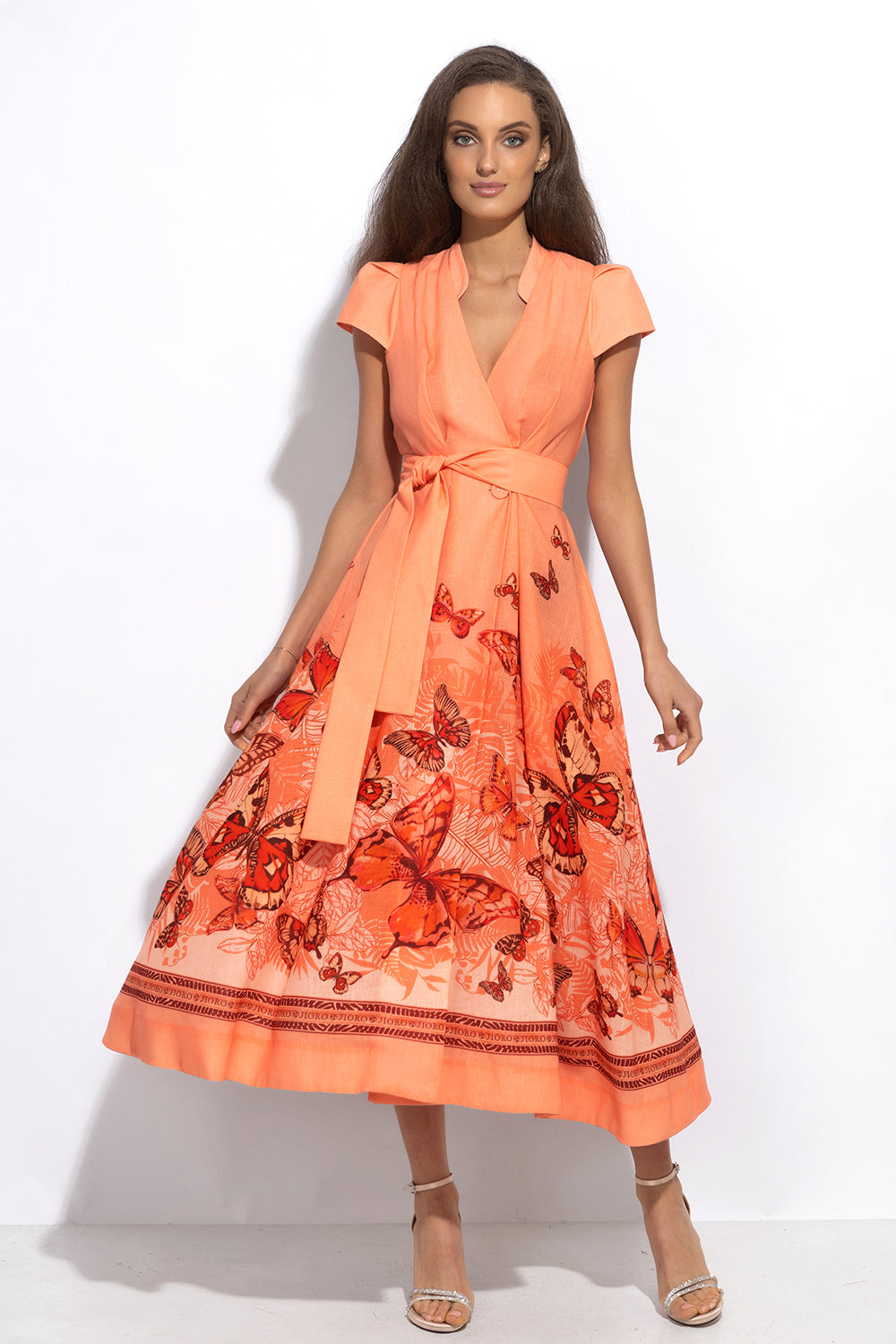 LONG FLARED LINEN DRESS - PAPAYA BUTTERFLIES