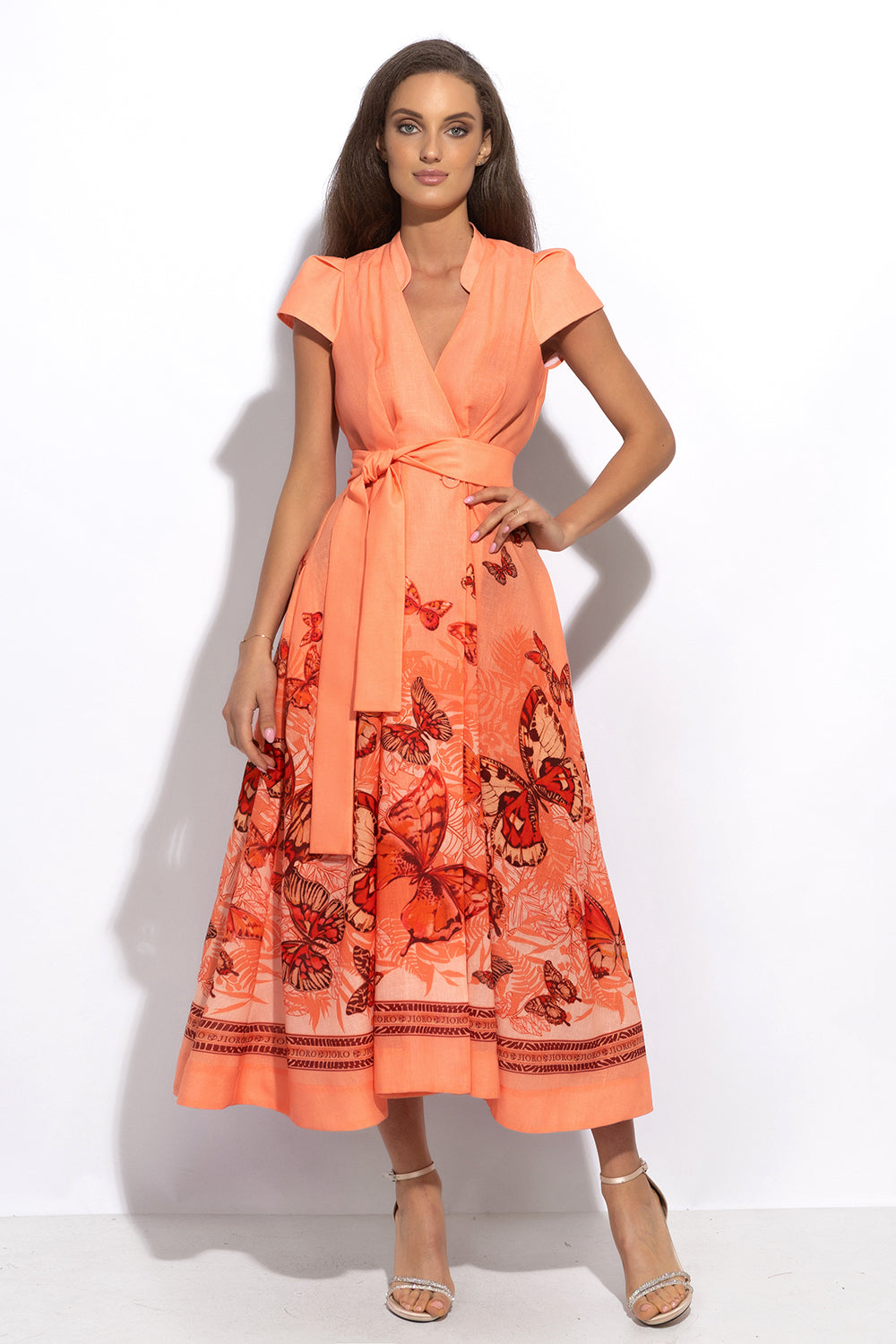 LONG FLARED LINEN DRESS - PAPAYA BUTTERFLIES