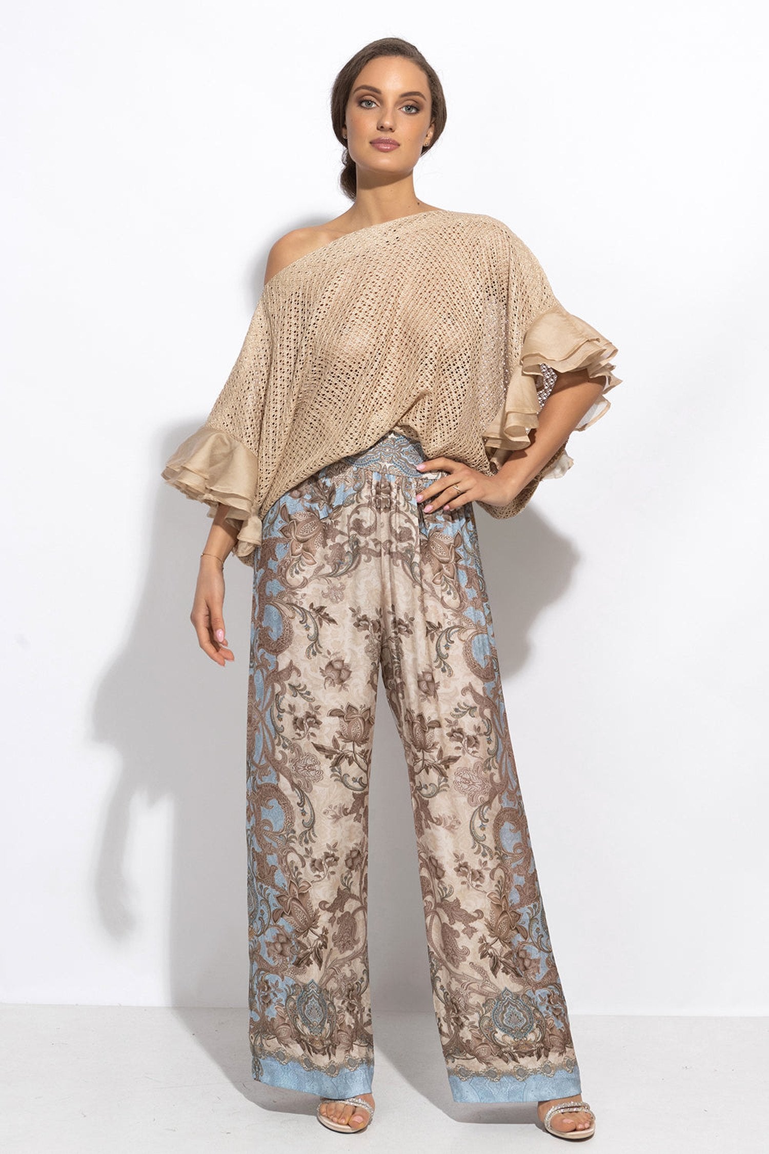 SATIN VISCOSE LOOSE FIT PANTS - PAISLEY SKY