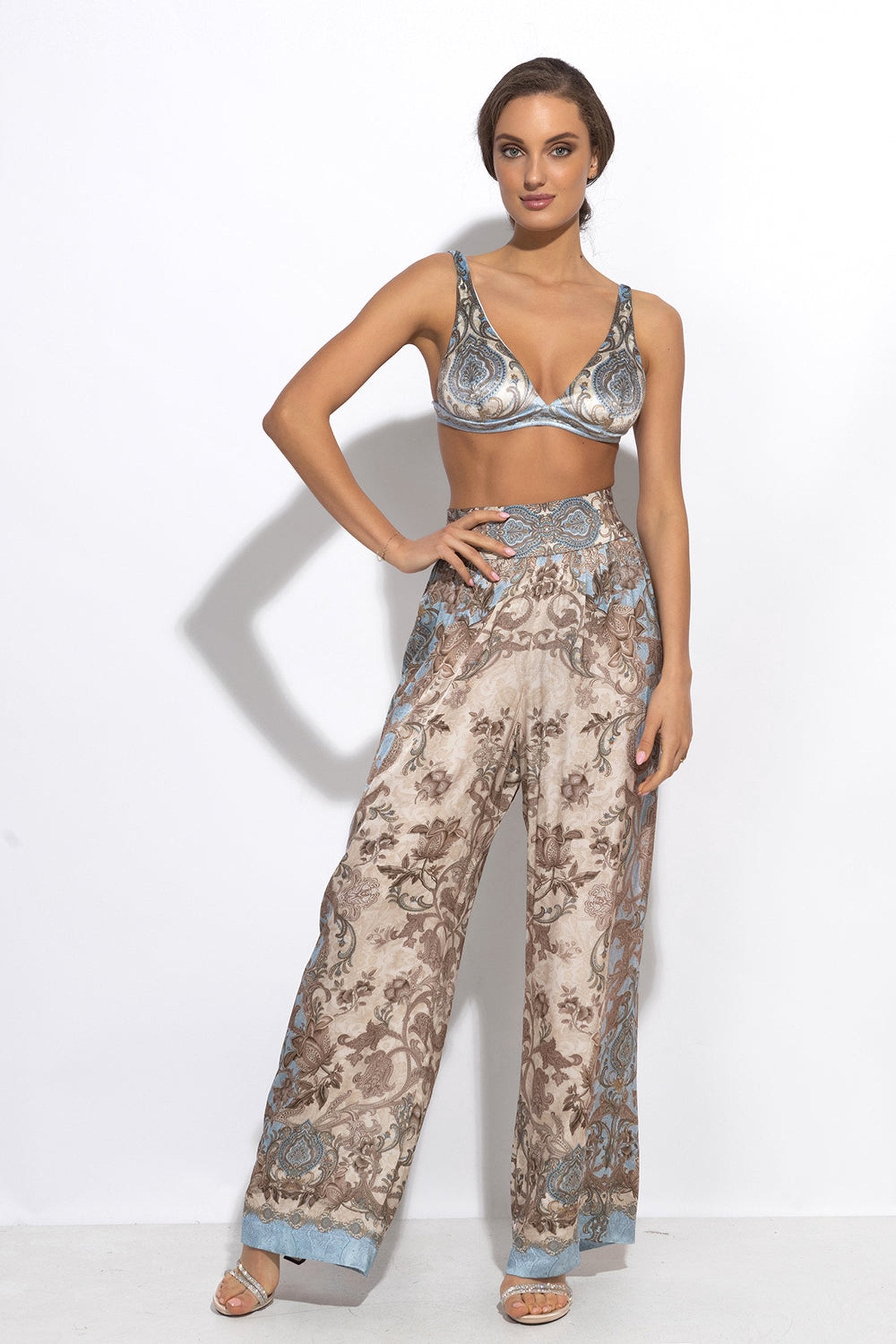 SATIN VISCOSE LOOSE FIT PANTS - PAISLEY SKY
