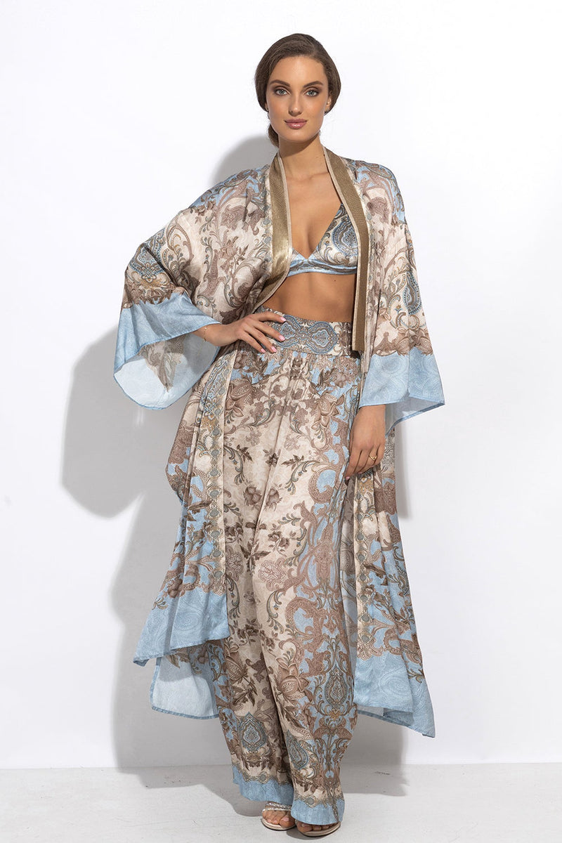 SATIN VISCOSE LOOSE FIT PANTS - PAISLEY SKY