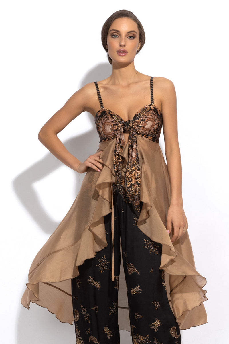 LYOCELl AND VISCOSE LONG RUFFLED TUNIC - GOLDEN STRIPES JIORO ДЪЛГА ТУНИКА С ВОЛАНИ ОТ ЛИОСЕЛ И ВИСКОЗА - GOLDEN STRIPES JIORO