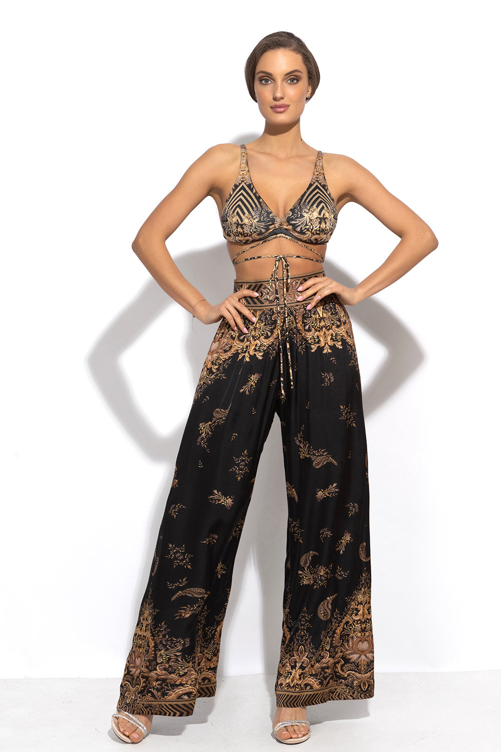 VISCOSE SATIN WIDE-LEG TROUSERS WITH ELASTIC WAIST - GOLDEN STRIPES